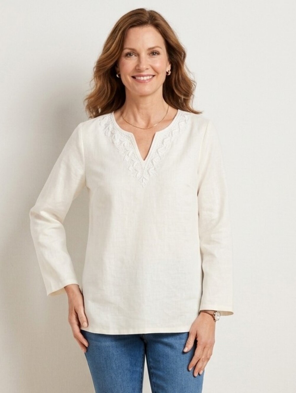 Talbots 100% Linen Ivory Long Sleeve Embellished Split V-Neck Tunic Top Large